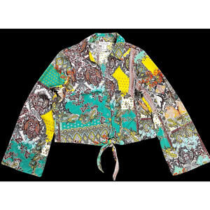 RACHEL ZOE   Size S   Silky GREEN Floral Paisley  CROP SHIRT  Tie & Button Front